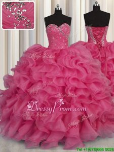 Super Sweetheart Sleeveless Quinceanera Gowns Floor Length Beading and Ruffles Hot Pink Organza