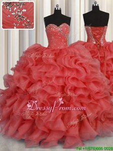 Exceptional Coral Red Ball Gowns Sweetheart Sleeveless Organza Floor Length Lace Up Beading and Ruffles Vestidos de Quinceanera