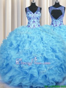 Deluxe V-neck Sleeveless Zipper Ball Gown Prom Dress Baby Blue Organza