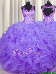 Great Lavender Quinceanera Gown Military Ball and Sweet 16 and Quinceanera and For withBeading and Appliques and Ruffles V-neck Sleeveless Backless