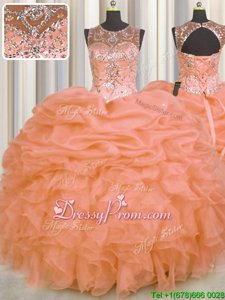 Comfortable Floor Length Orange Quinceanera Gown Scoop Sleeveless Lace Up