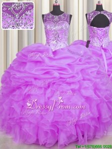 Modern Lilac Ball Gowns Beading and Ruffles and Pick Ups Sweet 16 Dress Backless Organza Sleeveless Floor Length