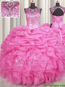 Hot Selling Rose Pink Scoop Neckline Beading and Ruffles and Pick Ups Quinceanera Gowns Sleeveless Lace Up