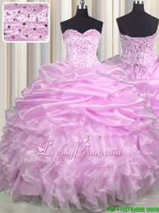 Lilac Lace Up Sweetheart Beading and Ruffles and Pick Ups Vestidos de Quinceanera Organza Sleeveless Brush Train