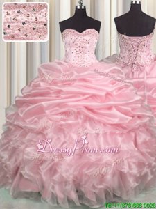 Classical Brush Train Ball Gowns 15th Birthday Dress Baby Pink Sweetheart Organza Sleeveless With Train Lace Up