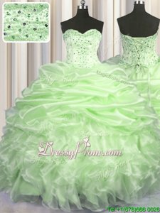 Superior With Train Yellow Green Quinceanera Dress Organza Brush Train Sleeveless Spring and Fall and Winter Beading and Ruffles and Pick Ups