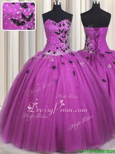 Modern Tulle Sweetheart Sleeveless Lace Up Beading and Appliques Quinceanera Dress inFuchsia