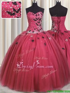 Glamorous Coral Red Ball Gowns Beading and Appliques Quinceanera Gowns Lace Up Tulle Sleeveless Floor Length