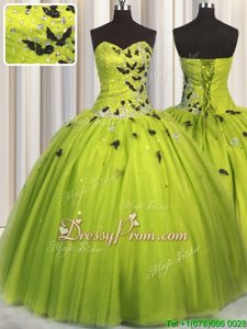 Custom Designed Yellow Green Sweetheart Lace Up Beading and Appliques 15th Birthday Dress Sleeveless