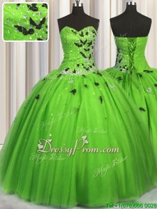 Fantastic Spring Green Tulle Lace Up 15 Quinceanera Dress Sleeveless Floor Length Beading and Appliques