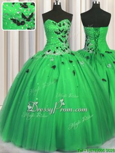 Custom Design Ball Gowns Quinceanera Dresses Green Sweetheart Tulle Sleeveless Floor Length Lace Up