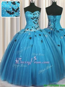 Beauteous Floor Length Baby Blue Quinceanera Dress Tulle Sleeveless Spring and Summer and Fall and Winter Beading and Appliques and Sequins