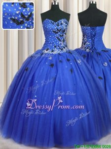 Fine Royal Blue Sleeveless Floor Length Beading and Appliques and Sequins Lace Up 15th Birthday Dress