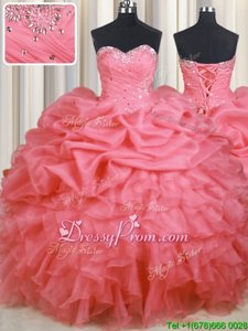 Charming Watermelon Red Sleeveless Floor Length Beading and Ruffles and Ruching and Pick Ups Lace Up Quinceanera Dress