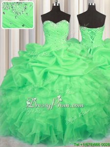 Fashion Sweetheart Sleeveless Quinceanera Gowns Floor Length Beading and Ruffles and Ruching and Pick Ups Green Organza