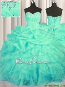 Sumptuous Turquoise Ball Gowns Beading and Ruffles and Ruching and Pick Ups Sweet 16 Dress Lace Up Organza Sleeveless Floor Length