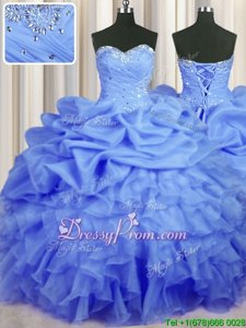 Beauteous Blue Ball Gowns Sweetheart Sleeveless Organza Floor Length Lace Up Beading and Ruffles and Ruching and Pick Ups 15 Quinceanera Dress