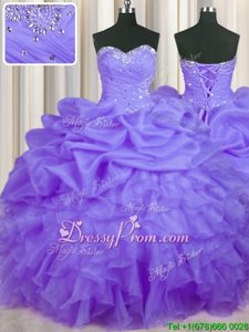 Floor Length Lavender 15th Birthday Dress Organza Sleeveless Spring and Summer and Fall and Winter Beading and Ruffles and Pick Ups