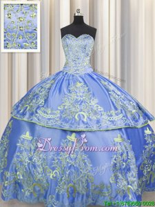Sweet Blue Taffeta Lace Up Sweetheart Sleeveless Floor Length Quince Ball Gowns Beading and Embroidery