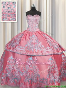 Modest Sleeveless Taffeta Floor Length Lace Up Quinceanera Dress inRose Pink forSpring and Summer and Fall and Winter withBeading and Embroidery and Sequins