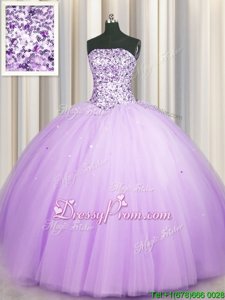 Delicate Beading and Sequins Quinceanera Dress Lavender Lace Up Sleeveless Floor Length