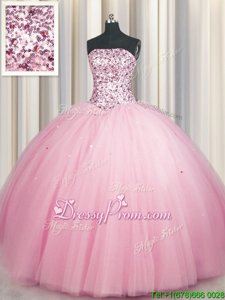Pretty Pink Ball Gowns Tulle Strapless Sleeveless Sequins Floor Length Lace Up Quinceanera Dresses