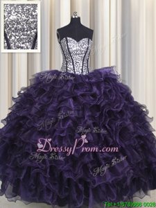 Flirting Purple Sleeveless Organza and Sequined Lace Up Ball Gown Prom Dress forMilitary Ball and Sweet 16 and Quinceanera