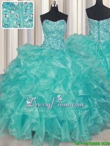 Modern Organza Sweetheart Sleeveless Lace Up Beading and Ruffles Quinceanera Dress inTurquoise