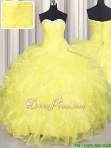 Yellow Sleeveless Floor Length Beading and Ruffles Lace Up Quince Ball Gowns