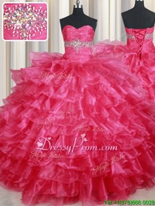 Simple Sweetheart Sleeveless Sweet 16 Dresses Floor Length Ruffled Layers Coral Red Organza
