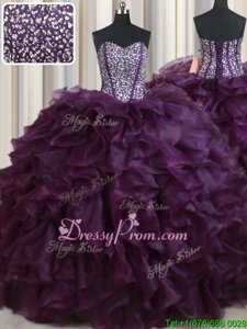 Classical Beading and Ruffles Sweet 16 Quinceanera Dress Dark Purple Lace Up Sleeveless Floor Length