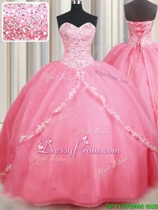 Chic Baby Pink Ball Gowns Sweetheart Sleeveless Organza With Brush Train Lace Up Beading and Appliques Quinceanera Dresses