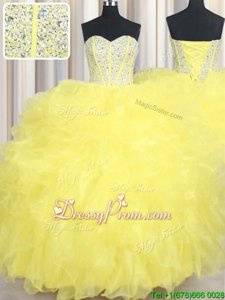 Fine Sweetheart Sleeveless Lace Up Ball Gown Prom Dress Yellow Organza