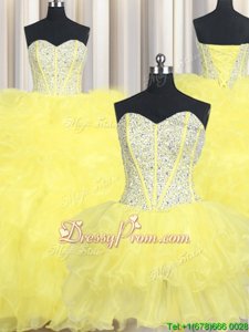 Delicate Yellow Ball Gowns Organza Sweetheart Sleeveless Beading and Ruffles Floor Length Lace Up Sweet 16 Quinceanera Dress