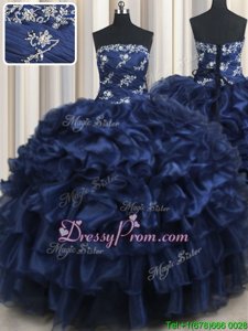 Exquisite Navy Blue Lace Up 15 Quinceanera Dress Appliques and Ruffles and Pick Ups Sleeveless Floor Length