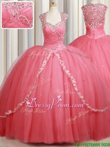 Beauteous Watermelon Red Ball Gowns Tulle Straps Cap Sleeves Beading and Appliques Zipper 15 Quinceanera Dress Sweep Train