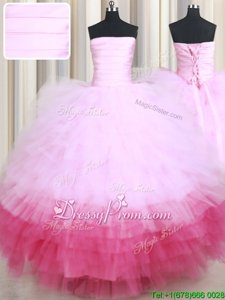 Best Pink And White Lace Up Strapless Ruffled Layers Sweet 16 Quinceanera Dress Tulle Sleeveless