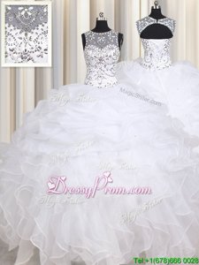 Vintage White Straps Lace Up Beading and Ruffles Quinceanera Gown Sleeveless