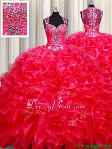 Spectacular Red Sleeveless Floor Length Beading and Ruffles Zipper Quinceanera Gown