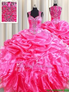 Hot Pink Zipper 15th Birthday Dress Beading and Ruffles and Pick Ups Sleeveless Floor Length