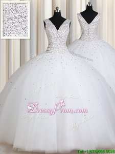 Amazing Sleeveless Zipper Floor Length Beading and Sequins 15th Birthday Dress