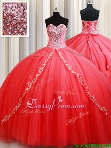 Pretty Sleeveless Tulle Floor Length Lace Up Sweet 16 Dresses inCoral Red forSpring and Summer and Fall and Winter withBeading and Appliques