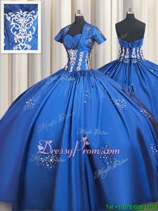 Noble Blue Ball Gowns Sweetheart Short Sleeves Taffeta Floor Length Lace Up Beading and Appliques 15 Quinceanera Dress