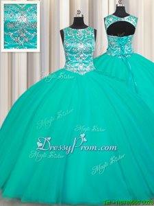 Turquoise Scoop Lace Up Appliques Quince Ball Gowns Sleeveless