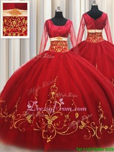 Ball Gowns Sweet 16 Dresses Red Square Tulle Long Sleeves Floor Length Zipper