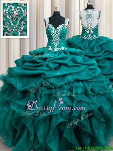 Exceptional Straps Sleeveless Organza Sweet 16 Dresses Beading and Ruffles and Pick Ups Zipper