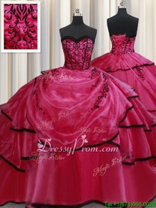 Low Price Floor Length Red Quince Ball Gowns Satin Sleeveless Spring and Summer and Fall and Winter Beading and Appliques and Ruffled Layers