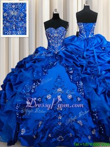 Dramatic Royal Blue Ball Gowns Beading and Embroidery and Sequins and Pick Ups Quinceanera Dresses Lace Up Taffeta Sleeveless Floor Length