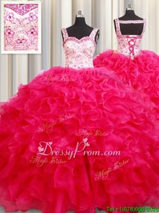 Hot Sale Embroidery and Ruffles Quinceanera Gowns Hot Pink Lace Up Sleeveless Floor Length