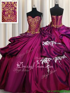 High Quality Fuchsia Ball Gowns Sweetheart Sleeveless Taffeta Floor Length Lace Up Beading and Appliques and Pick Ups Sweet 16 Quinceanera Dress